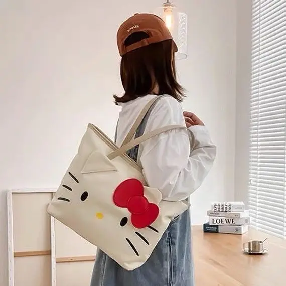 Sanrio Hello Kitty Woman Tote Bag Girls 2024 Trend New Travel Large Capacity Storage Cartoon Cute KT Canvas Handbag Shoulder Bag