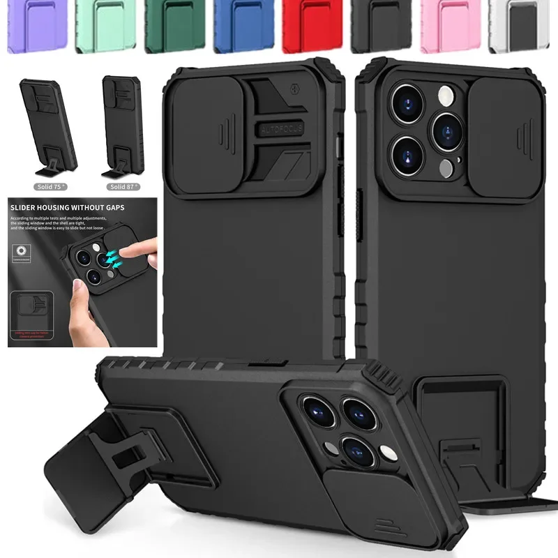 Luxury Slide Protective Lens Kickstand Armor Phone Case for IPhone 16 15 Pro Max Plus 5G Shockproof Back Camera  Protector Cover