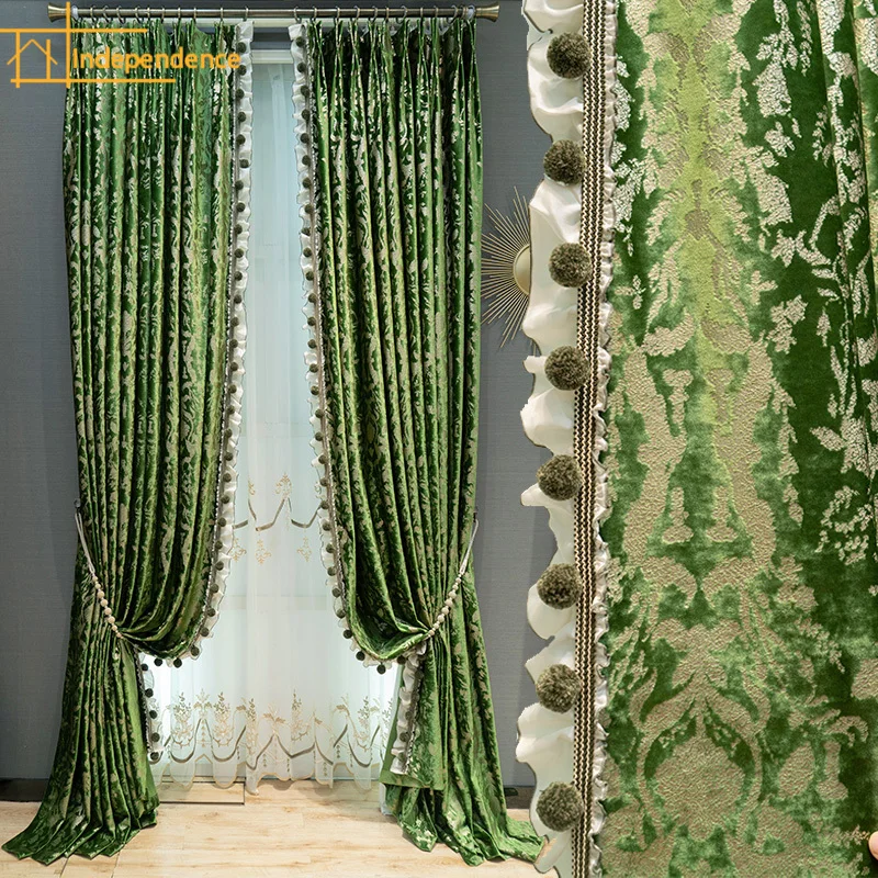 Vintage Green Velvet Gold Embossed Jacquard Curtains for Living Room Bedroom Dining Room Study Room Customized Balcony