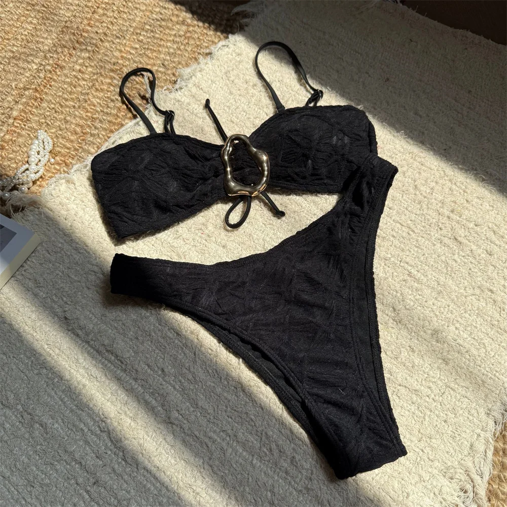 Sexy texturizado biquíni sem costas rendas até maiô de cintura alta banho feminino 2 peça jacquard beachwear férias outfit maiô