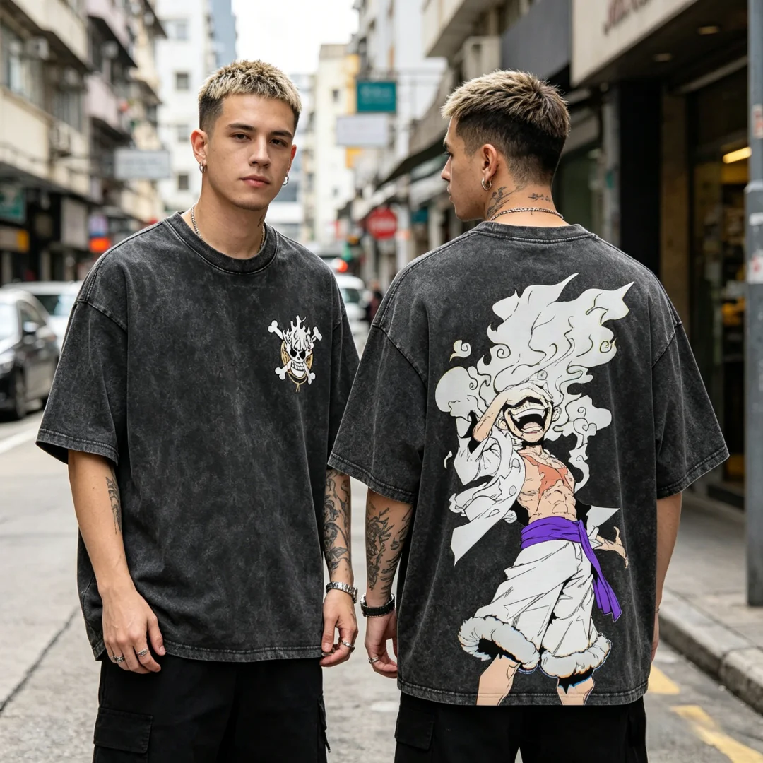 2026 Heißer Verkauf Luffy Gear 5 T-Shirt Vintage Washed Doppelseitig Bedrucktes Anime-Tee Streetwear Kurzarm Unisex-Oberteil für Herren und Damen