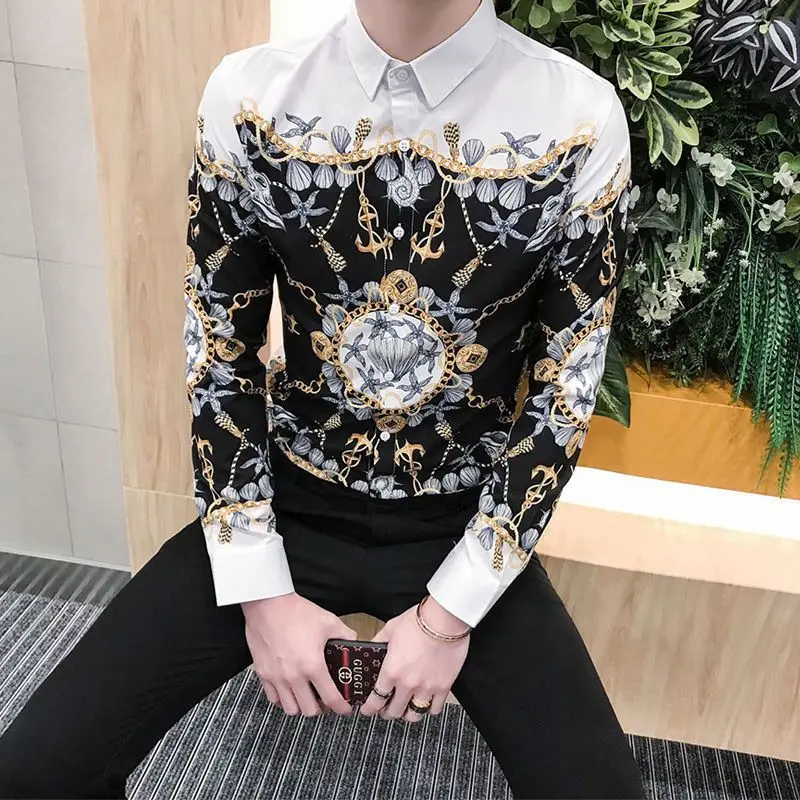 

Fashion Lapel Button Printed Korean Shirts Men's Clothing 2024 Autumn New Loose Long Sleeve All-match Tops England Shirts