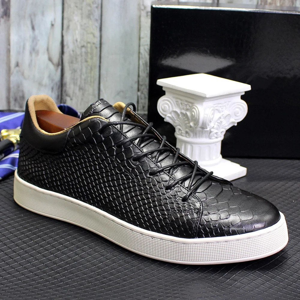 New Crocodile Pattern Luxury Men Genuine Leather Sneakers Male Vintage Design Lace Up Real Leather Shoes Fashion Shoe Male A116