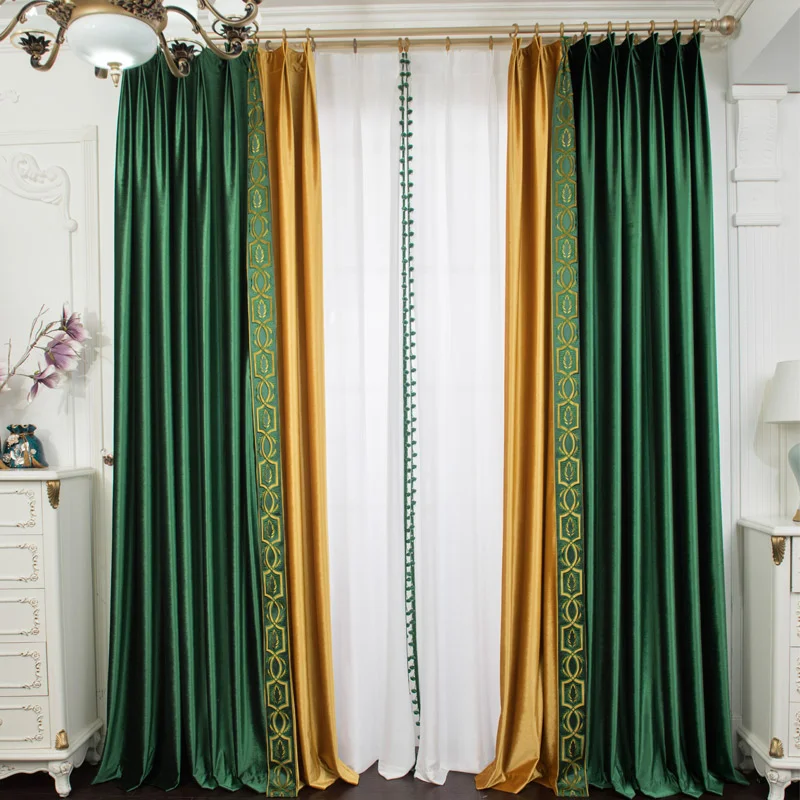 High Grade American Blackout Curtains for Living Room Velvet Lace Drapes Tulle Window Splicing Yellow Green Home Custom