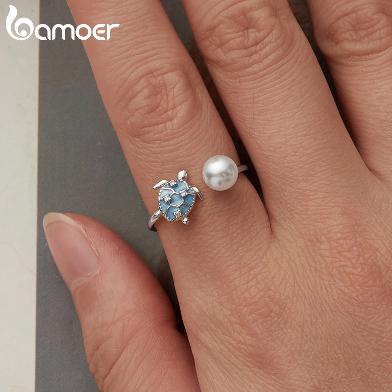 BAMOER Solid 925 Sterling Silver Turtle Pearl Ring Stacking Finger Ring, Cute Animals Adjustable Open Rings Birthday Gift