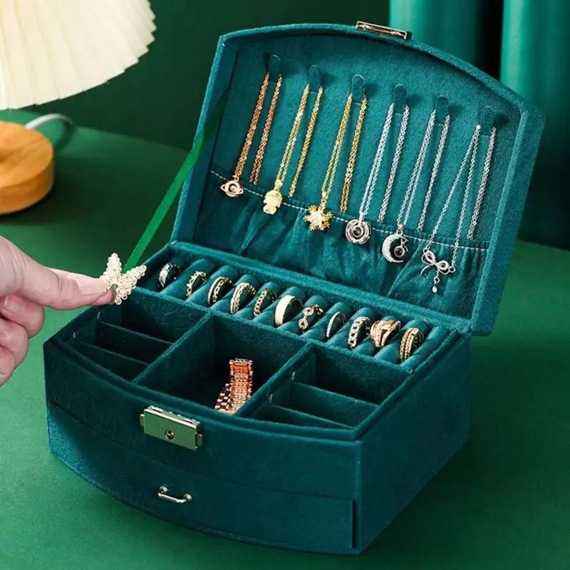 R7UF Lockable Jewelry Storage Box with Padded Ring Rolls and Lid Pocket