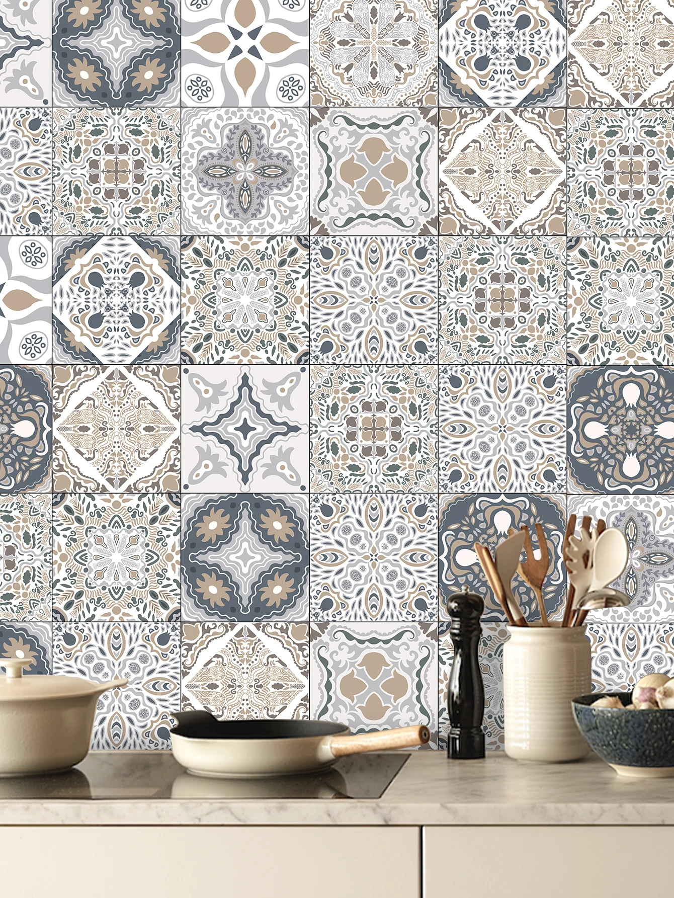 24PCS of Grey White Minimalist Style PVC Waterproof Self-Adhesive Wall Stickers Kitchen and Bedroom Tile Stickers Peel and Stick