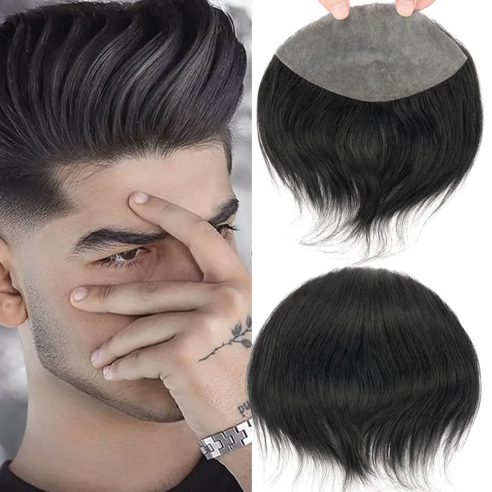 Men's Toupee Thin Skin PU V Loop Front Hairline Replacement Systems 6 Inches Remy Human Hairpieces Toupee For Men Natural Black