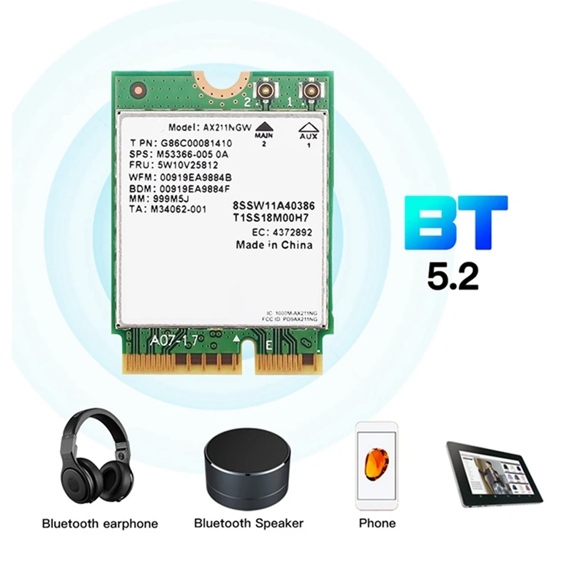 Carte réseau sans fil LeicBand, 2X Wifi, 6E, AX211NGW, 2.4G, 5G, 6 mesurz, Bluetooth 5.2, AX211, M.2 Keye, Cnvio, Windows 10