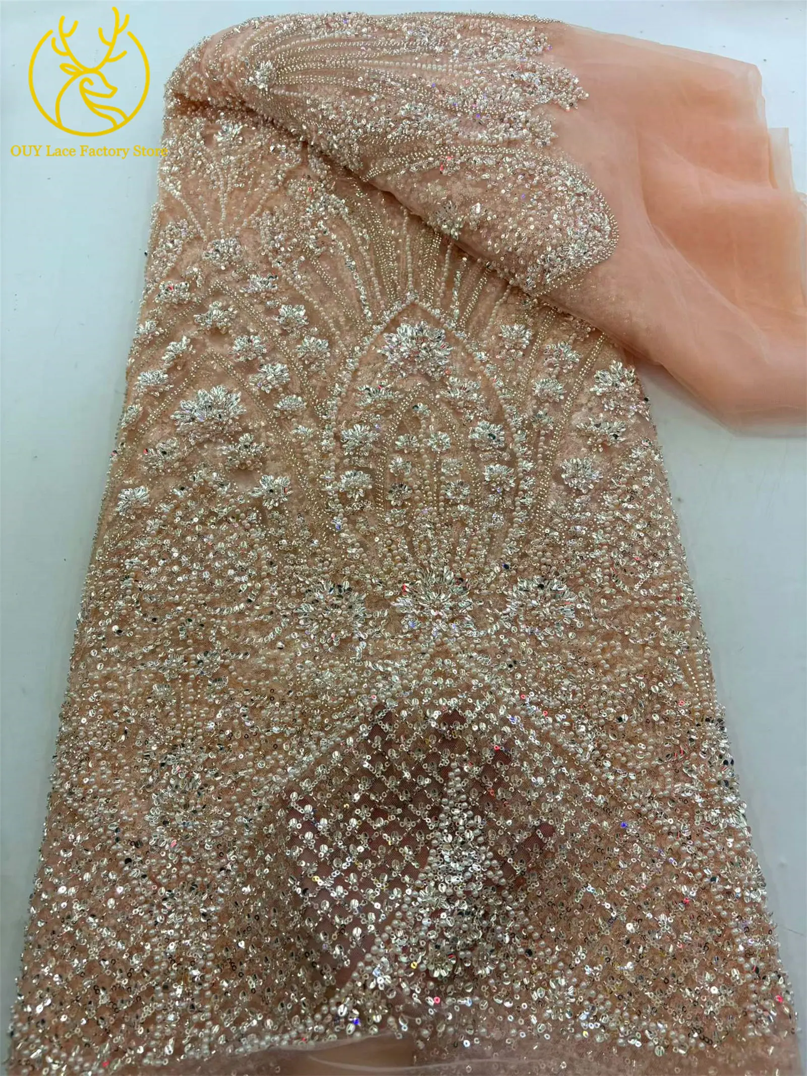 5 Yards afrikanischer schwerer Perlen-Pailletten-Netzstoff, goldener französischer Pailletten-Tüllstoff für wunderschöne Hochzeitskleider zum Nähen – Detail 12