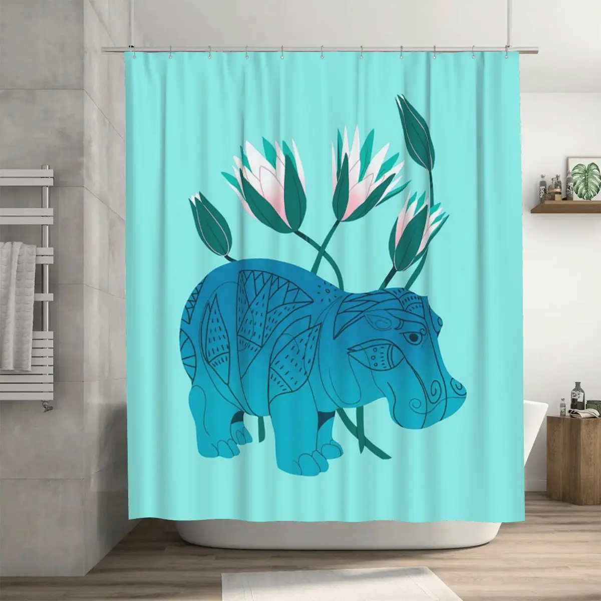 Faience Hippo - Floral Artefacts Shower Curtain Bathroom Polyester Waterproof Bath Curtains with Hooks