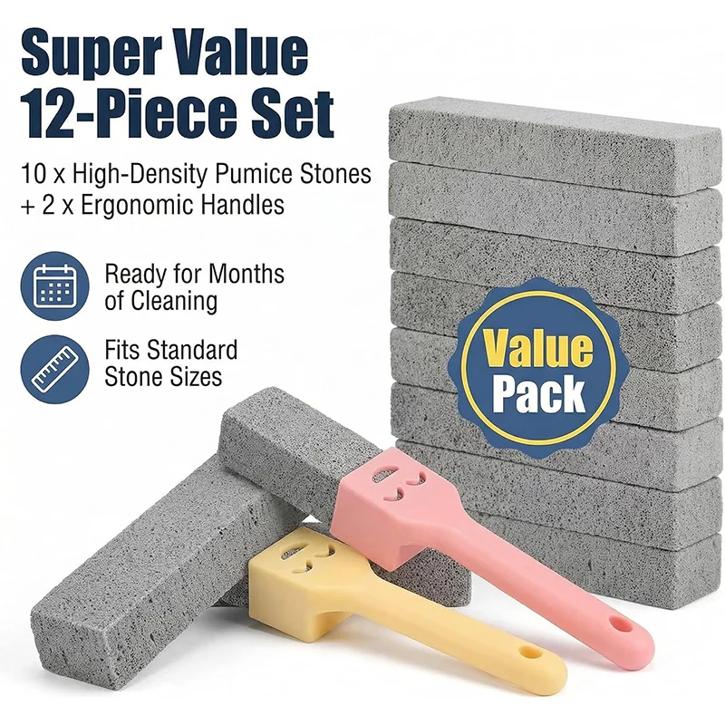 12Pcs 10 Pack Pumice Stones for Cleaning with 2 Handles – Heavy Duty Scouring Stick for Toilet Bowl, Rust, Hard Water & Stove –