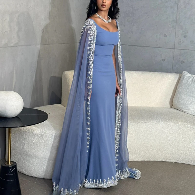 

Shiny Sequined Evening Dresses for Arabic Dubai Women with Cape Floor-Length Mermaid Prom Party Wedding Gala Special Events 2023