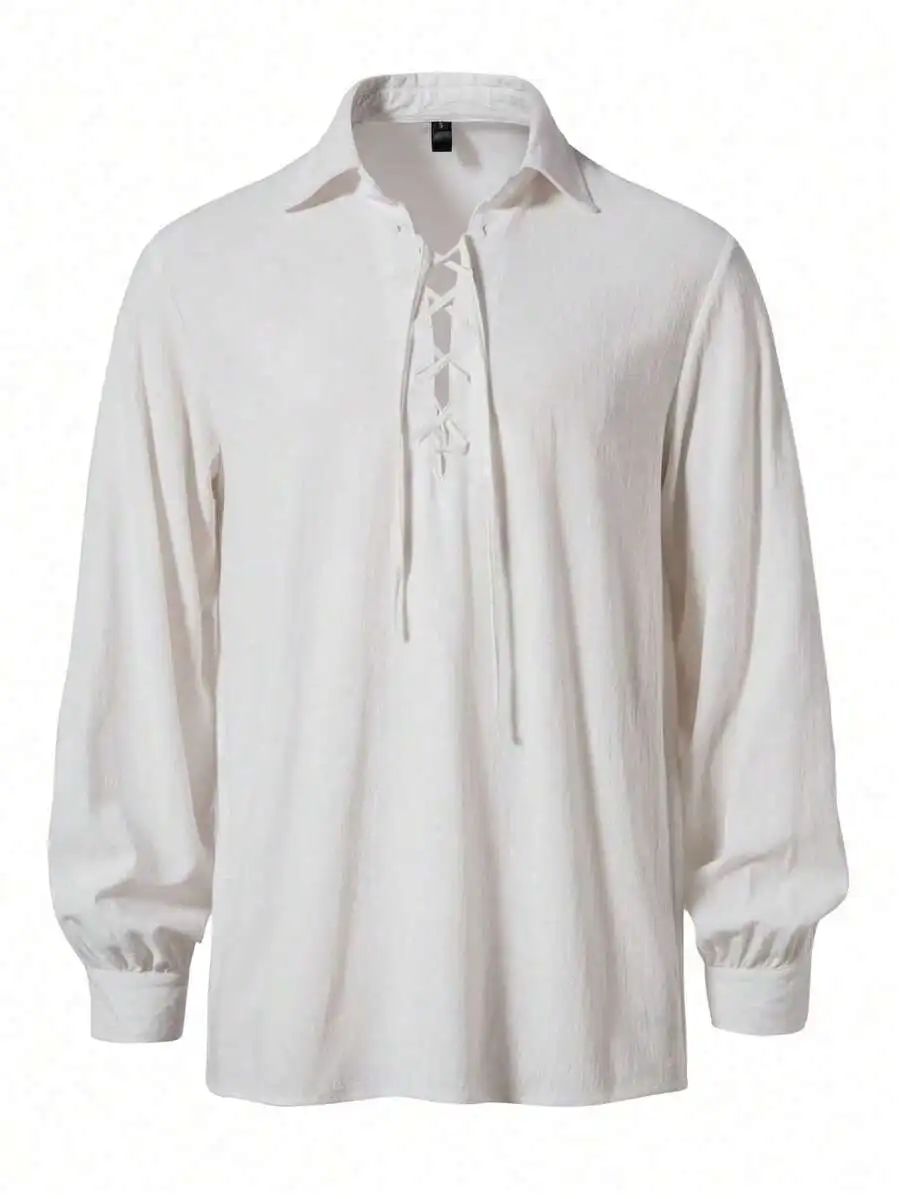 

Men's White Long Sleeve Lace-Up Front Shirt, Casual Vintage Style