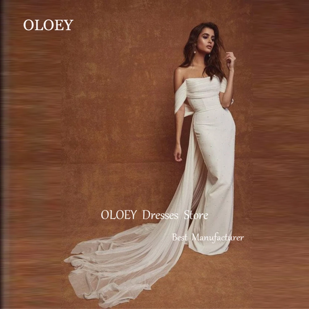 

OLOEY Elegant Off Shoulder Pearls Wedding Dress Long Ivory Mermaid Bridal Gown Zipper Back Pleats Satin Tulle Custom Made