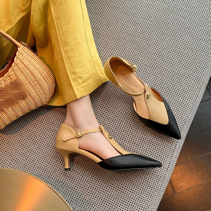 Women's new summer genuine leather sheepskin pointed loosely fastened high heels with toe caps, M ü ller shoes, fashion sandals
