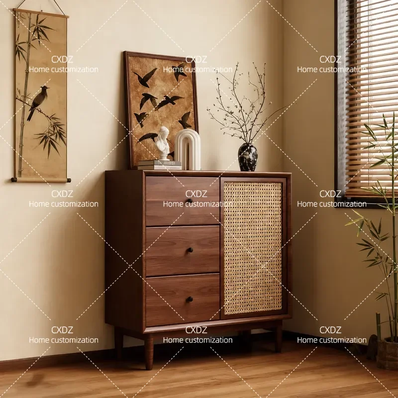 New Chinese Style Rattan Dining Side Cabinet Tea Cabinet Porch Storage Cabinet Household Wall Mounted Zen Design Custom Model