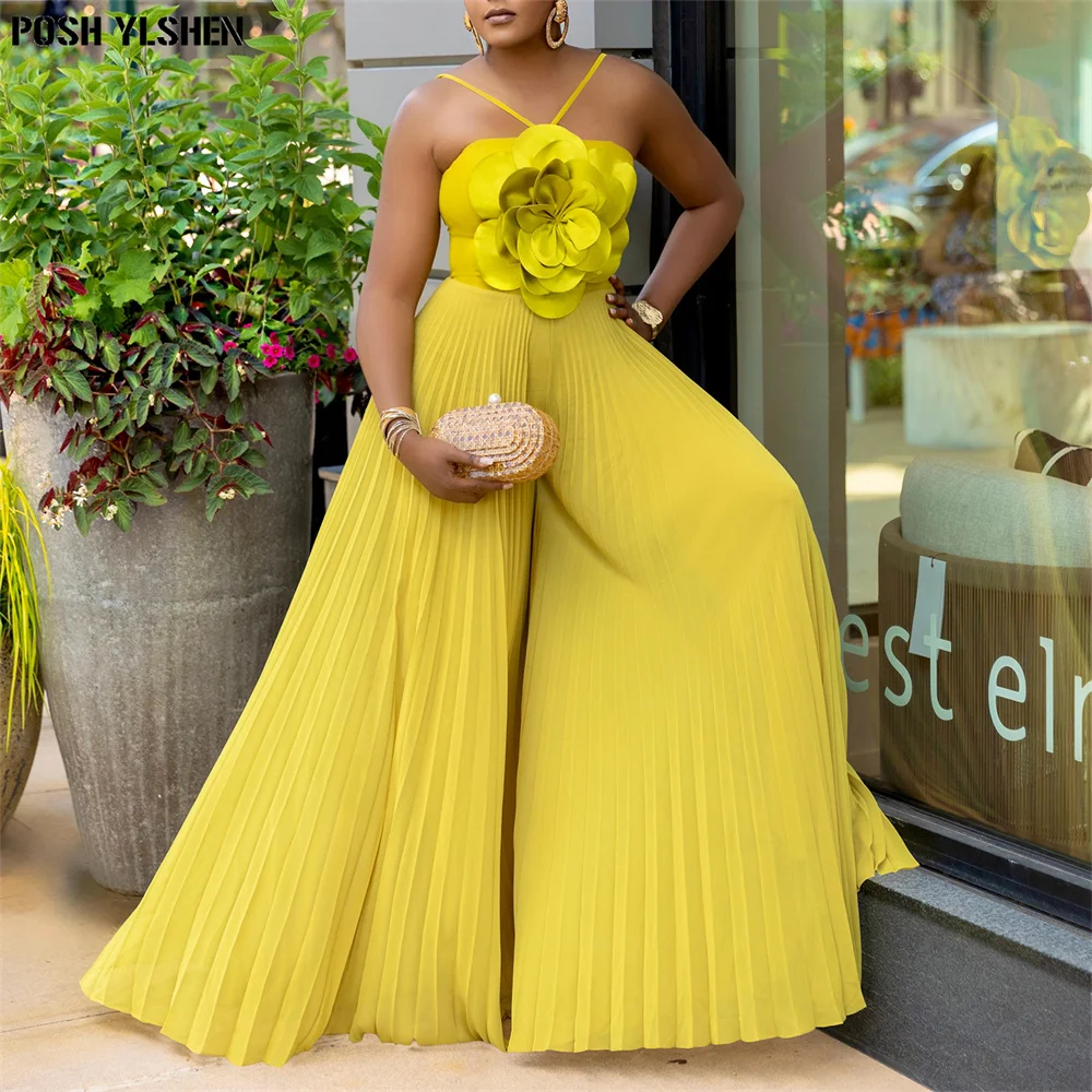 

2025 Summer Pleated Wide Leg Jumpsuits African Dresses for Women Outfit Clothes Thin Straps, Female Playsuits, Fashion Clothing