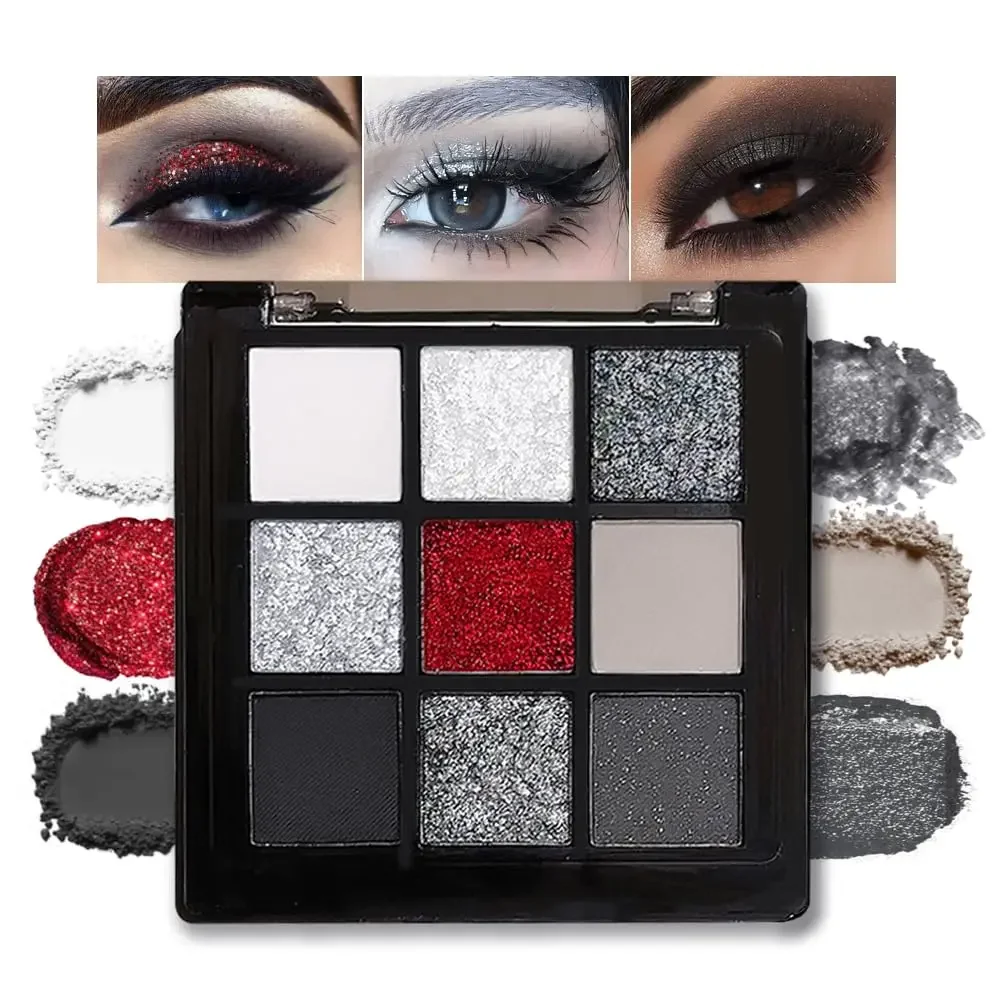 สีดําสีแดง Punk รมควัน 9 สีอายแชโดว์ Palette-กันน้ํา Glitter Pearl Cold Dark Color แต่งหน้าอายแชโดว์ยาวนาน