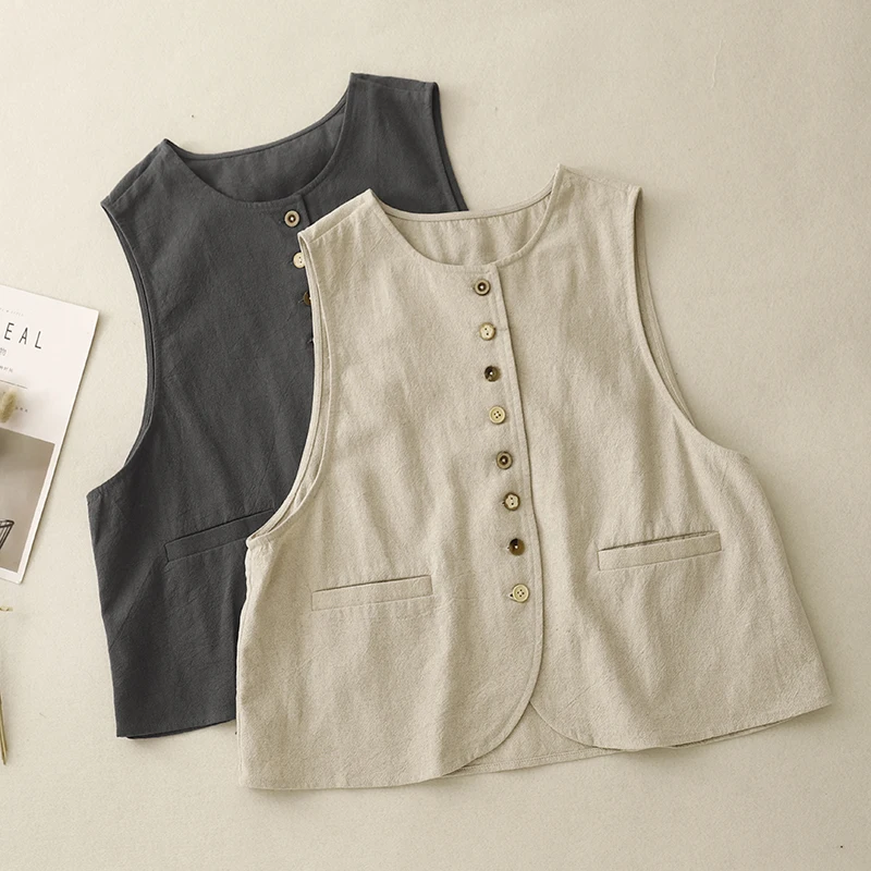 

Хлопково-льняной круглый жилет Ne, женский осенний многослойный костюм на одной пуговице, жилет с накладкой на плечо, оригинальный дизайн