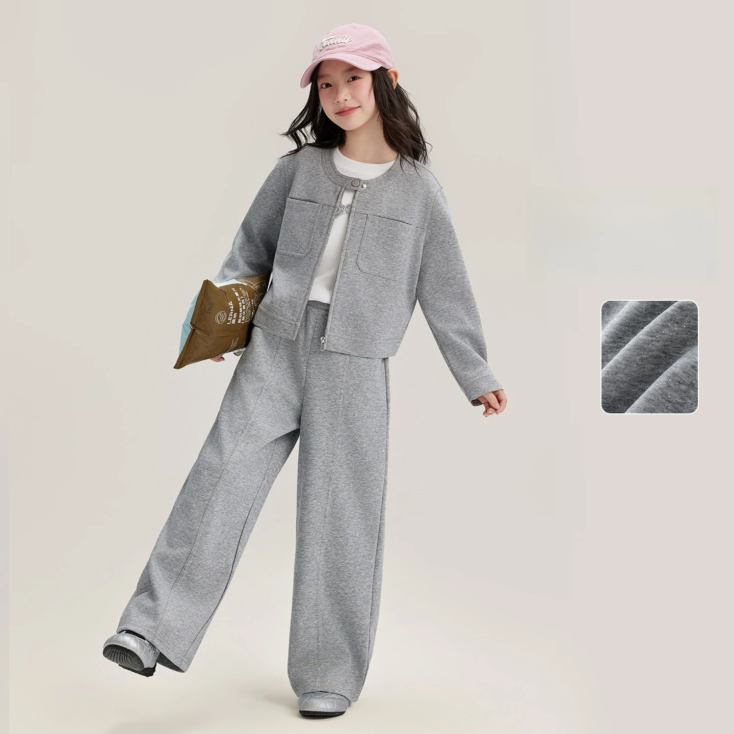 Girl Kids Sets 2026 New Kids Causal Fashion O-Neck Zipper Knit Grey Two Price Sets