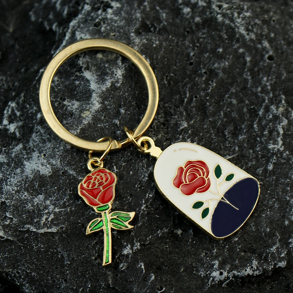 Cute Keychain Rose Flower Leaves Key Ring Fairy Tale Key Chains Valentine Day Gifts For Women Girls Handbag Accessorie Jewelry