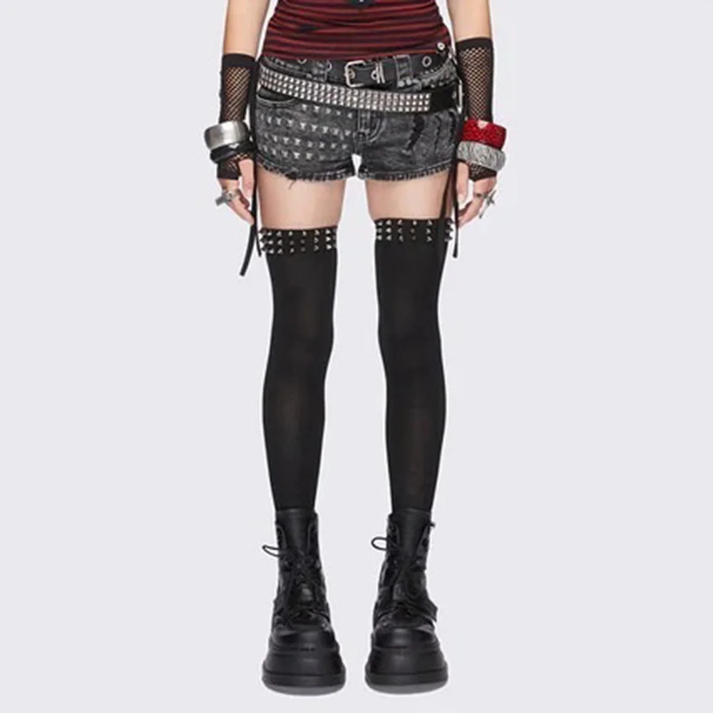 Y2K Gothic Punk Over The Knee Solid Polyester Stockings Spike Rivet Trim Elastic Non-slip Long Tube Socks Subculture Alt Hosiery