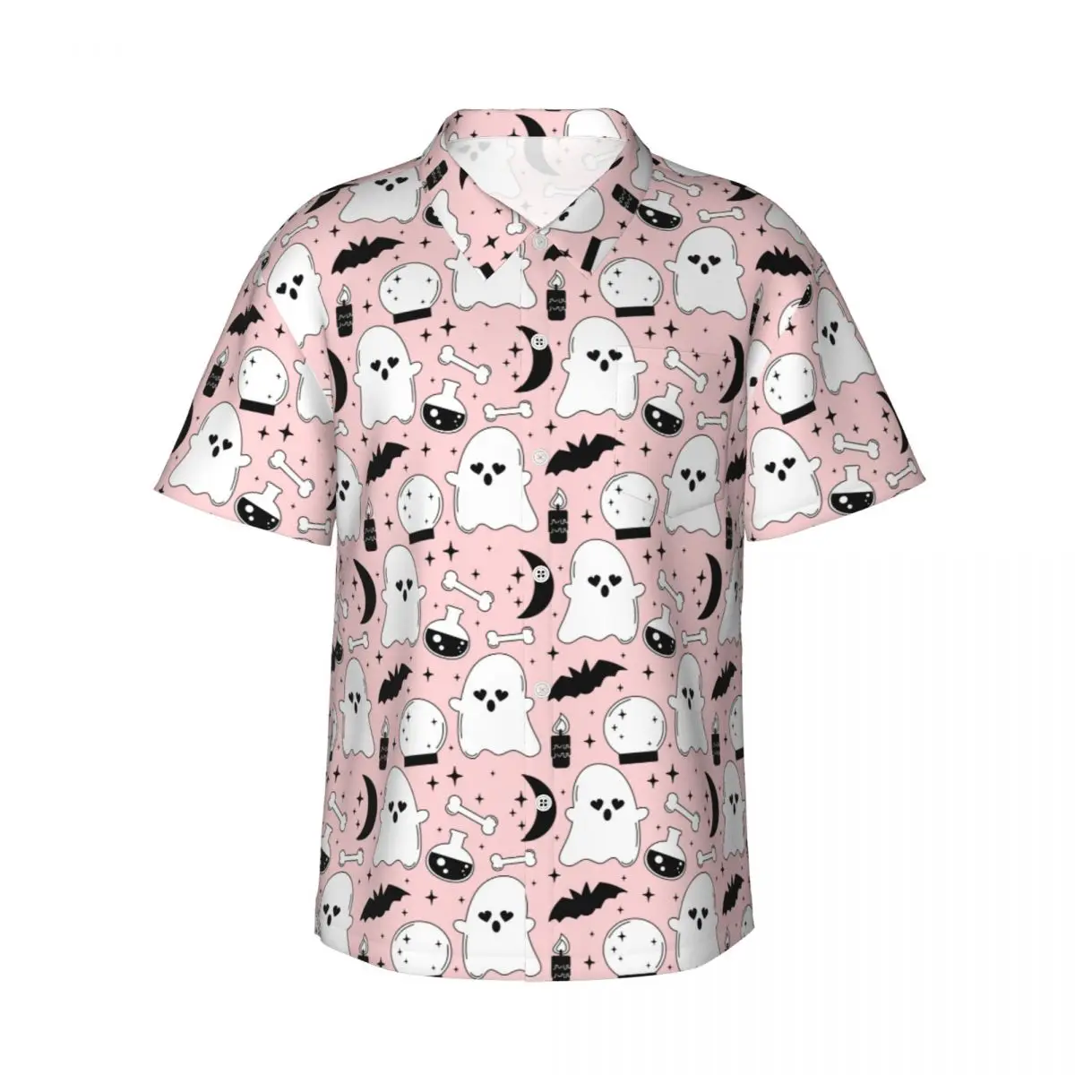 

Casual Hawaiian Cartoon Pink Halloween Shirt Men Short Sleeved Shirts Ghost Bats Bones Men's Summer Cartoon Tops