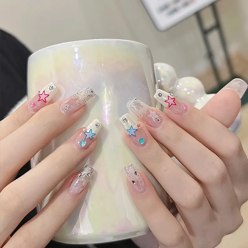 24pcs False Nail Wearable Sailor Moon Broken Diamon Moon Glitter Powder Ballet Fingernails Finished  Reusable Nail Patch