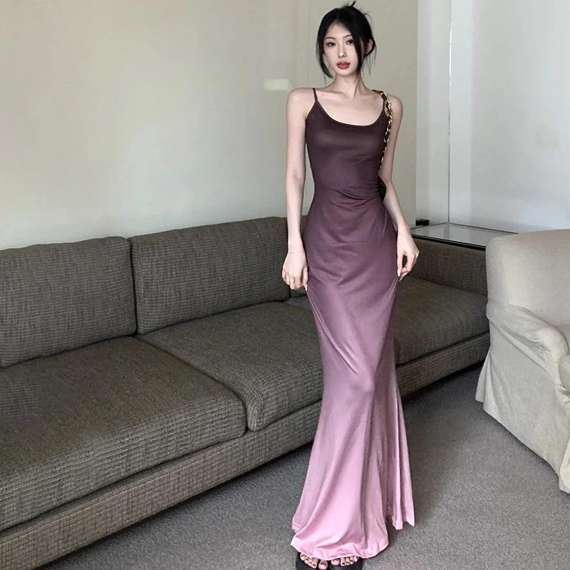 

Women Summer New Maxi A-LINE Dress Streetwear Sexy Sling Backless Slim Fashion Gradient Dresses Sleeveless Elegant Lady Dress