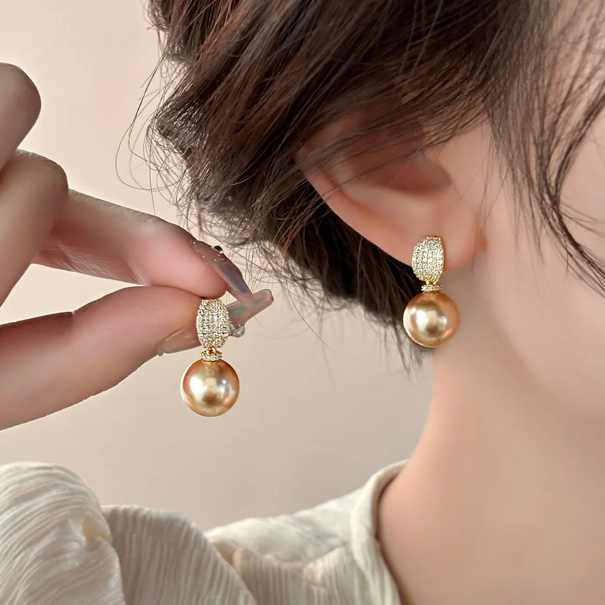 South sea gold pearl AAAA Natural Baroque round 7-8 8-9 9-10 10-11 11-12MM 12-13mm 13-14MM pearl Baroque sterling earrings