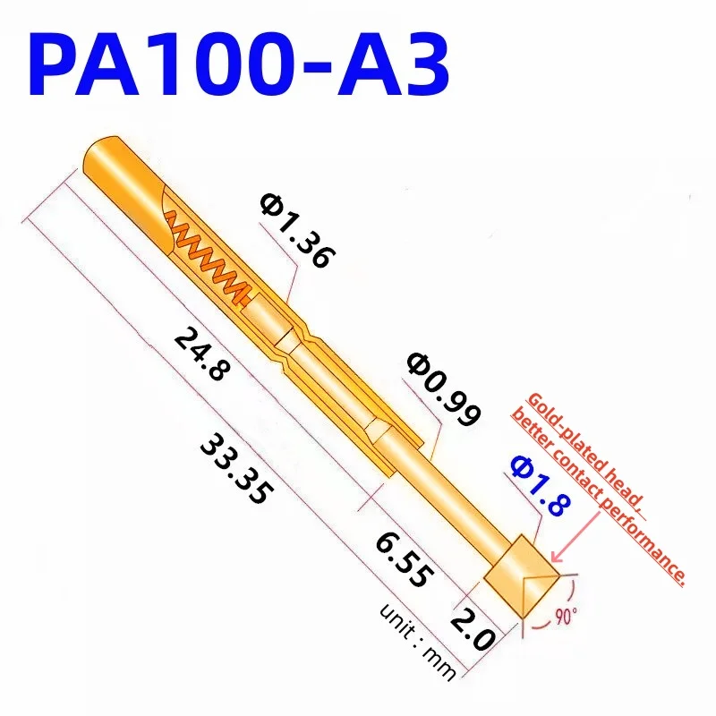 20/100PCS PA100-A3 Spring Test Probe PA100-A Test Pin Test Tool 33.35mm Dia1.36mm Gold Needle Tip 1.8mm Pogo Pin P100-A P100-A3