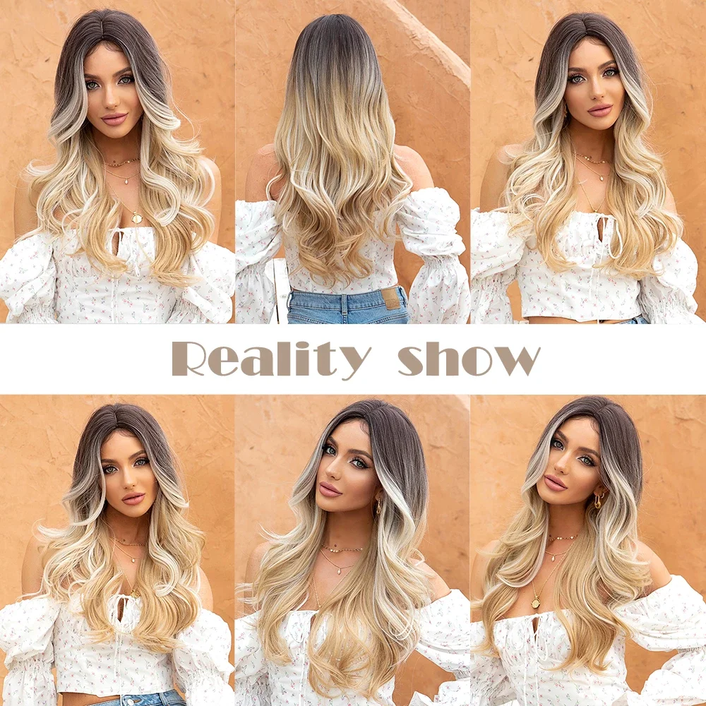 HENRY MARGU Women\'s Synthetic Long Wavy Wig Ombre Brown Blonde Highlight Wigs Middle Part Cosplay Party Heat Resistant Fake Hair