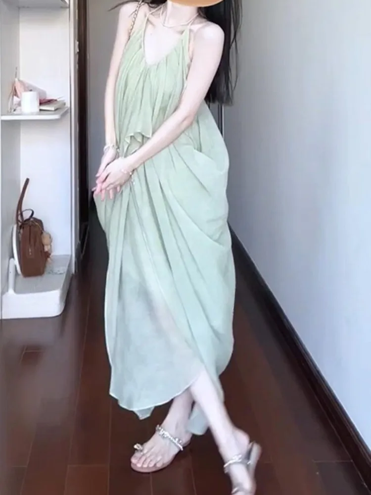 

French Style Green V Neck Halter Dress Summer Sexy Backless Midi Dress Elegant Flowy Beach Vacation Outfit for Women 2026 New