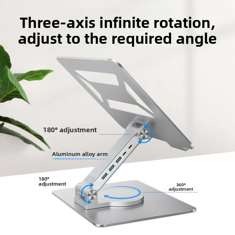360 Degree Rotating Laptop Stand with USB 3.0 Hub, Three Axis Height Angle Control plus Foldable 4 in 1 Docking Expansion 4