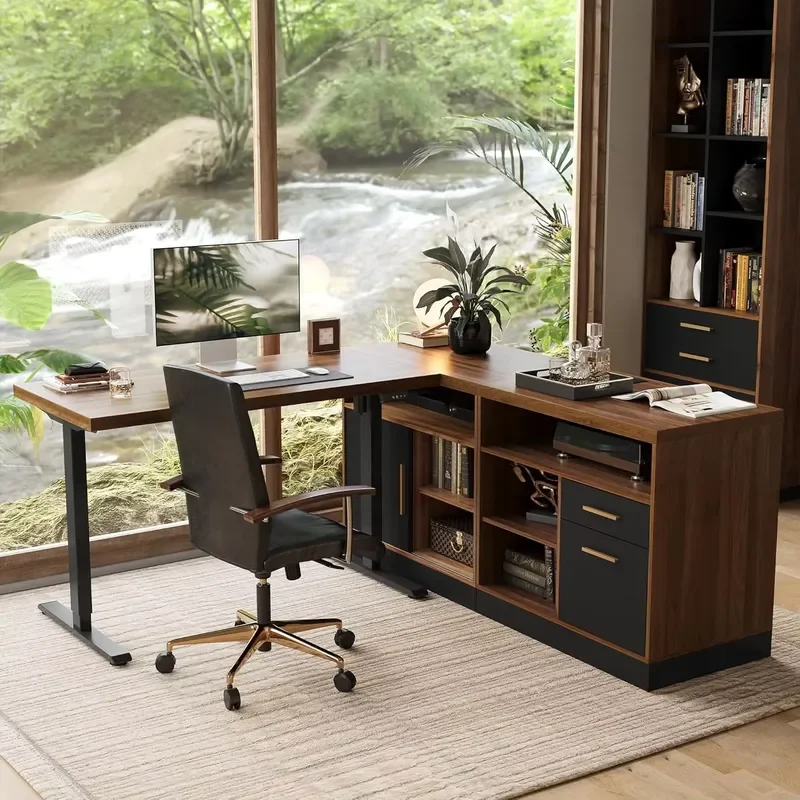 Adjustable Height Executive Workstation Home Office File Cabinets Wood Black Walnut L Computer Table Shaped Standing Desk