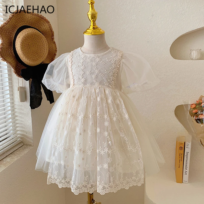 

ICJAEHAO 2024 Solid Flowers Embroidery Children Party Spain Gown Girls Princess Dress Bridesmaid Clothes Wedding Elegant Tulle