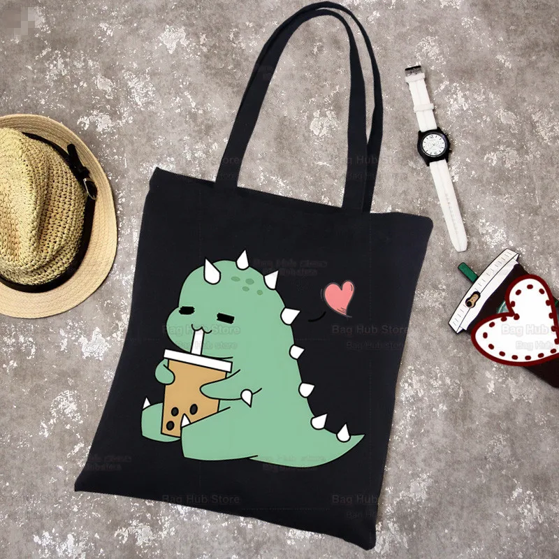 Boba Milk Tea Canvas Black Shopping Cartoon Cute Tote Bag Reusable Shoulder Bubble Tea Cloth Book Bag Gift Handbag