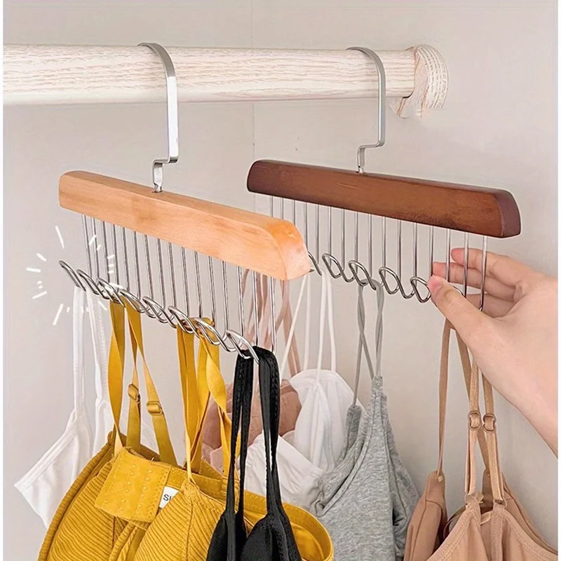 Wooden Clothes Hanger With 8 Hooks Bra Space Saving Hangers Heavy Duty Wooden Hanger With 360°Rotating Hooks Closet Wardrobe