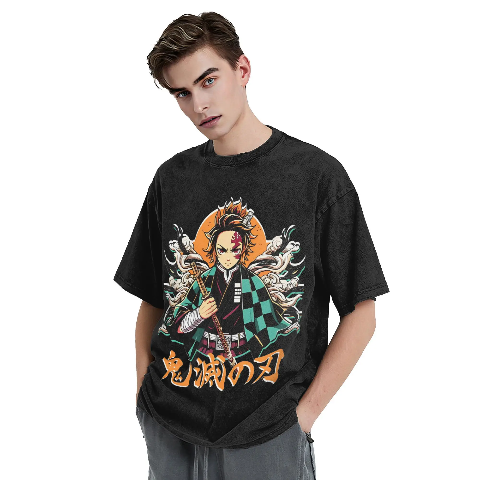 Washed T Shirt Kamado Tanjiro Anime T-Shirts High Street Demon Slayer Streetwear 100% Cotton Printed Tops Tees for Men Women