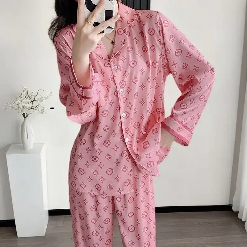 Pajamas Women\'s Clothing Suits Spring Thin Ice Silk Cardigan Home Soft Cozy Simple Relaxed Casual Skinny Warm Freshness Sweet