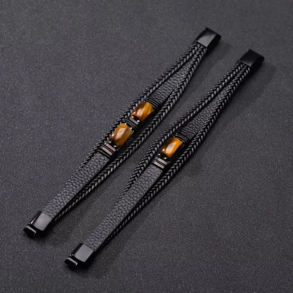 Wristband Bracelet Multi-Layer Tiger Eye Stone Bracelet Braided Retro Leather Bracelet Handmade Adjustabl Beaded Bracelet Women