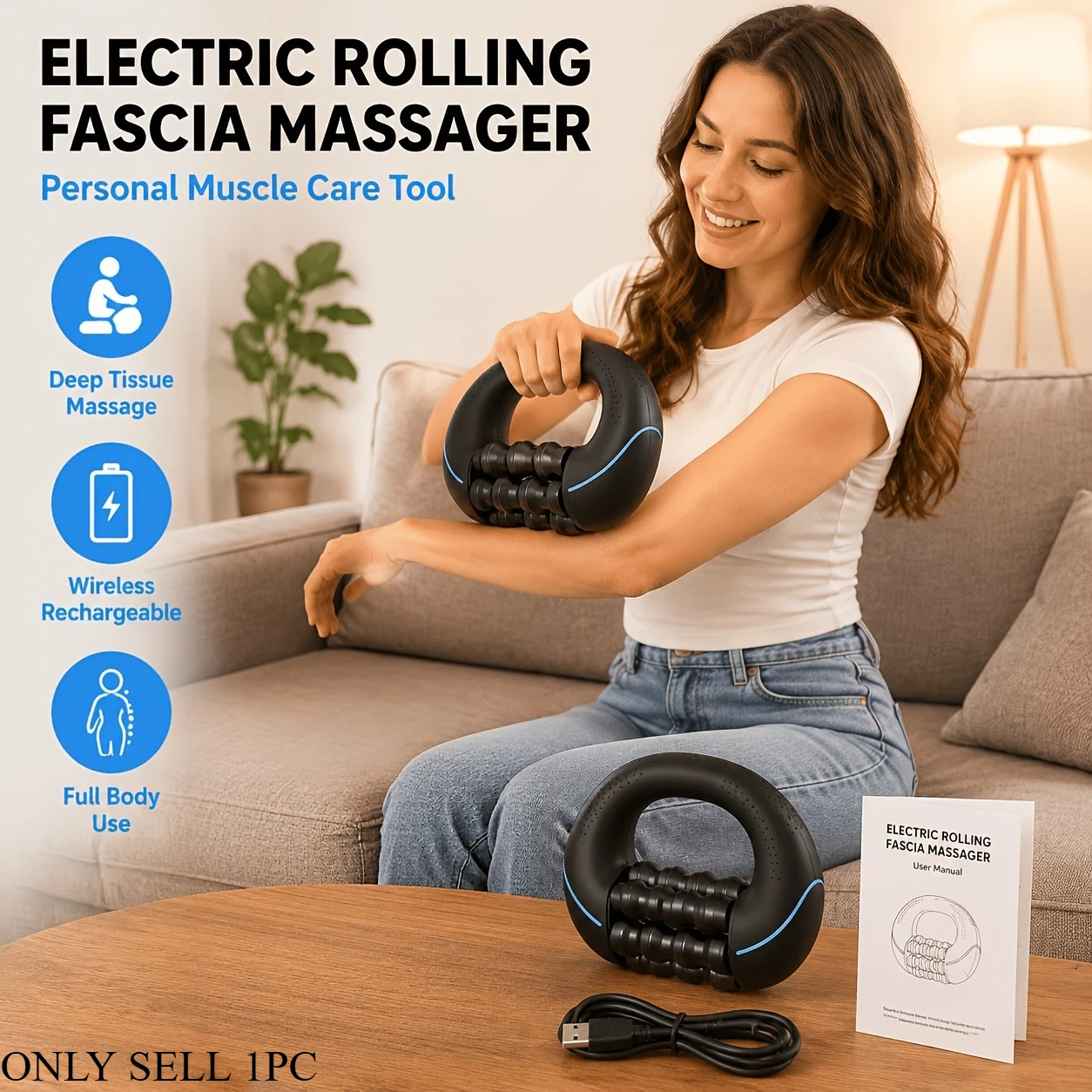 Vibration Electric Roller Massager,Handheld 3‑Speed Intensity,Ergonomic Handle,Full‑Body Massage,Lightweight Home Office Travel
