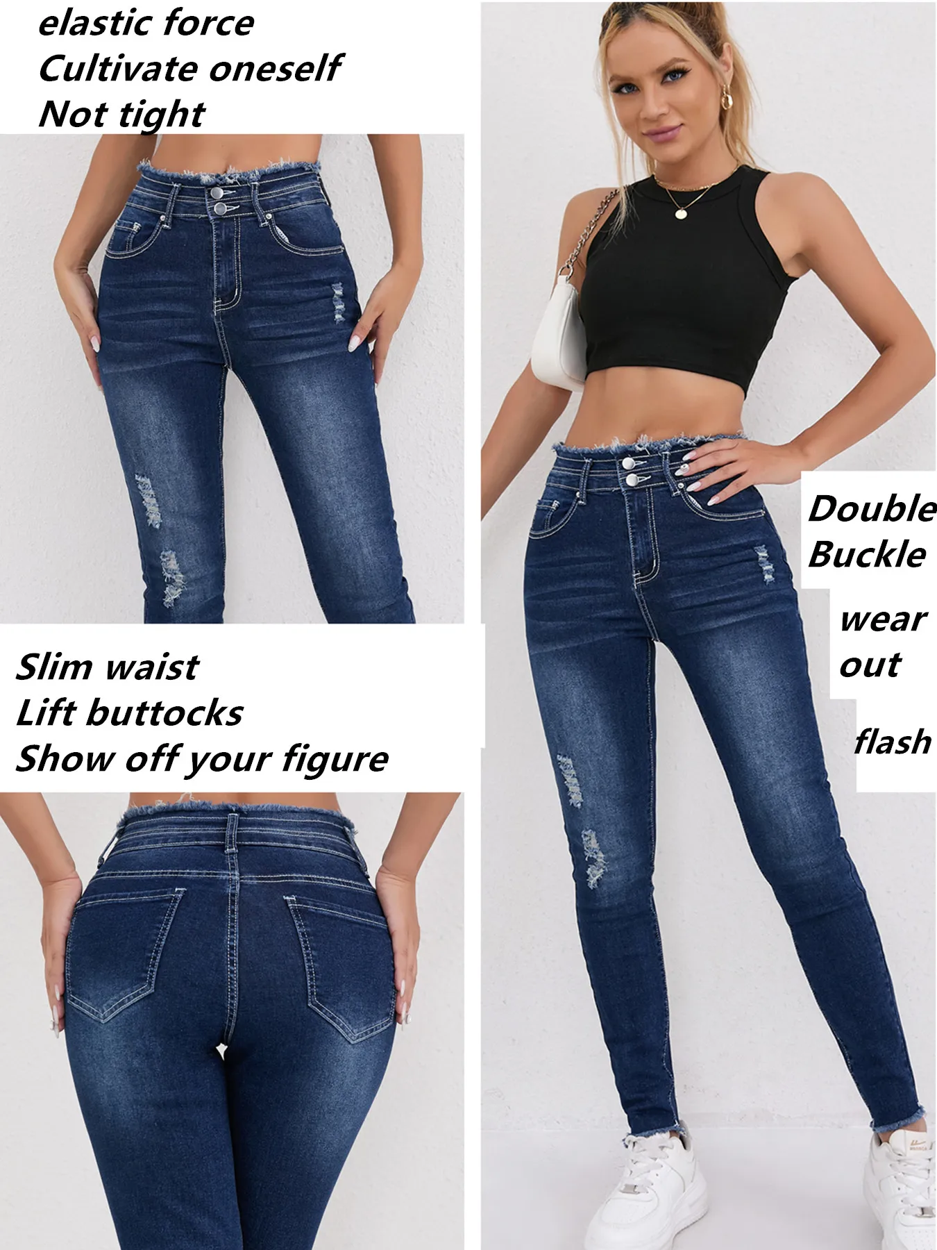 レディース ハイウエスト ストレッチ ジーンズ 欧米風トレンド カットオフ裾 ダメージ加工 ダブルボタン ワイドレッグ カジュアル ストリートスタイル ファッション