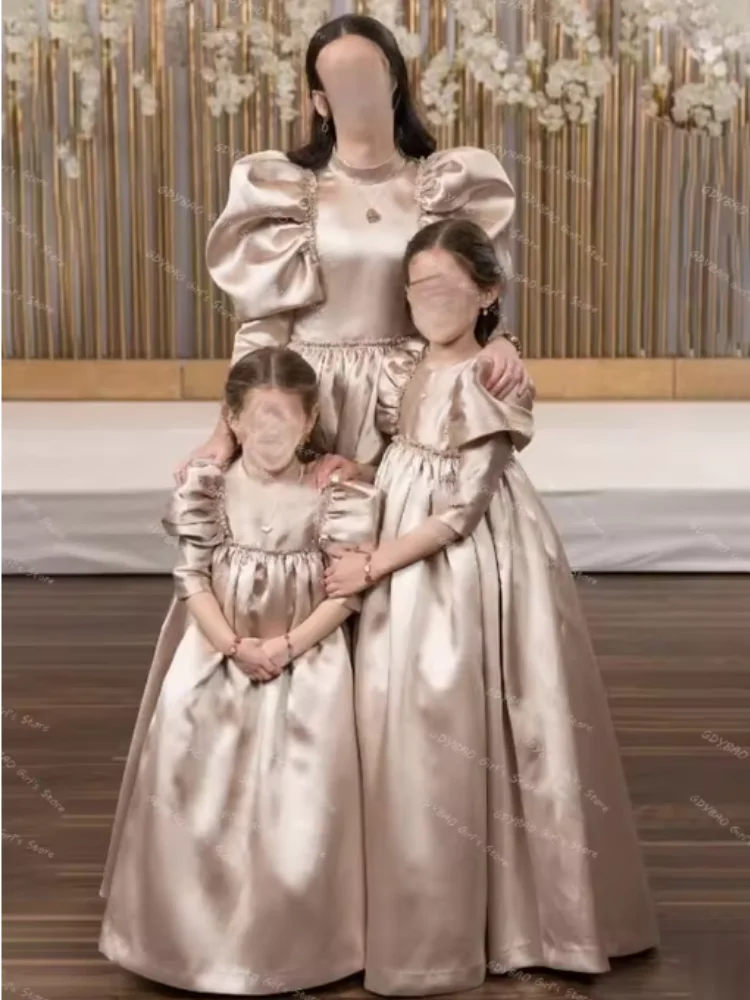 Vestido de novia de niña de flores color champán, vestido de princesa acampanado, vestido de comunión plisado de satén, vestido de fiesta personalizado para niños