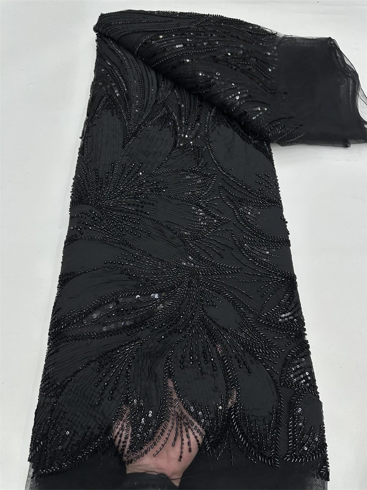 

High Quality African Blue Handmade Beaded Lace Fabirc 2025 Sewing sequins Embroidery Nigreian Lace Fabric Women Wedding Dress