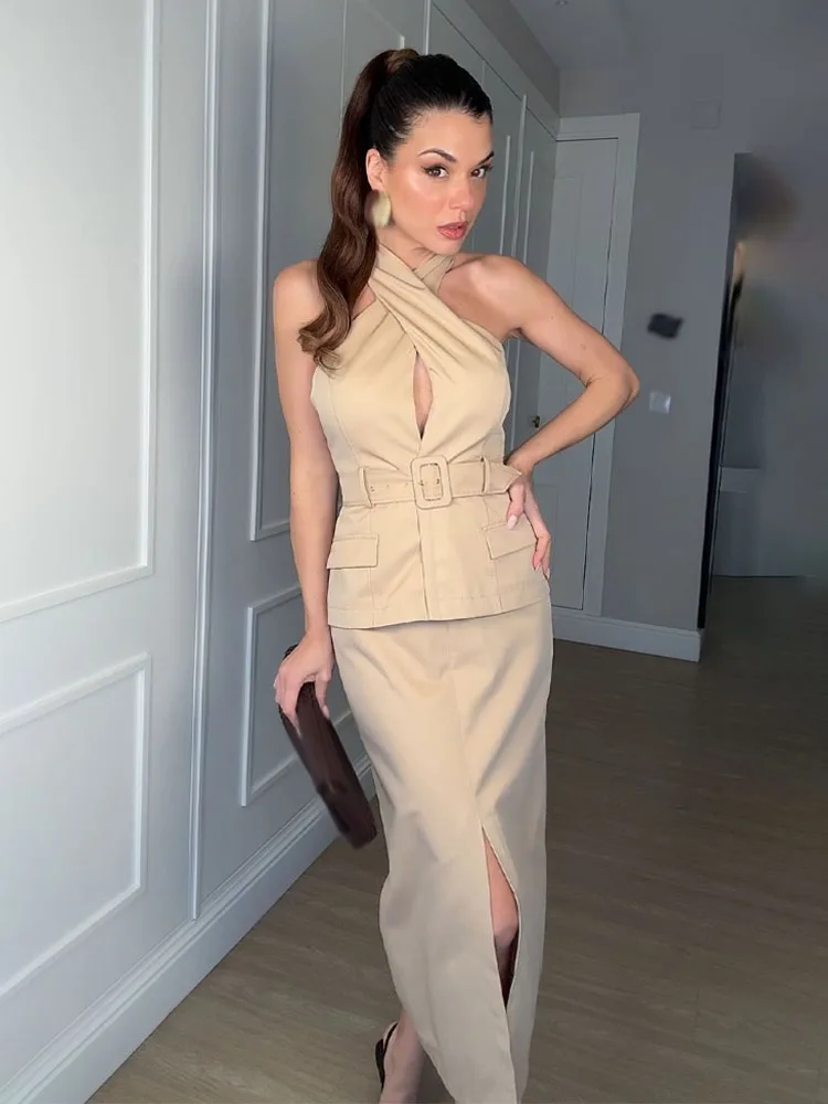 HH Mode Kaki Riem Cross Design Midi-jurk Zomer Damesstraatkleding Slim-fit Kantoorrok Commuter Outfit