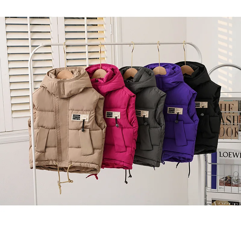 

Детский жилет, куртка без рукавов с капюшоном для мальчиков и девочек, зимние детские жилеты, верхняя одежда, теплые пальто с буквенным принтом, одежда