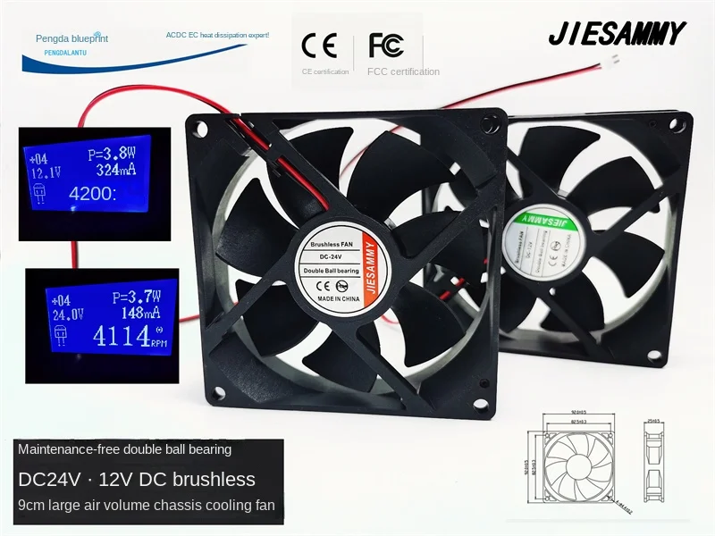 Jiesammy-Ventilateur de refroidissement à double roulement à billes, 9225, débit d'air maximal 9025, 9cm, sans balais, châssis 24V, 12V