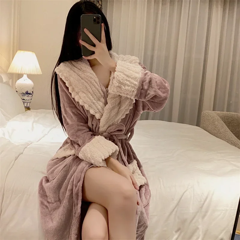 2023 Winter Long Sleeve Thick Warm Flannel Kimono Robes for Women Cute Lace Bathrobes Sleepwear Bath Robe Nightdress Night Dress